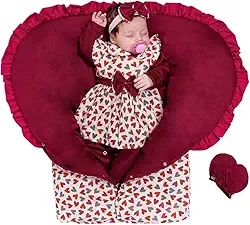 Saída de Maternidade Menina Corações Marsala com Porta Bebê Saco de Dormir