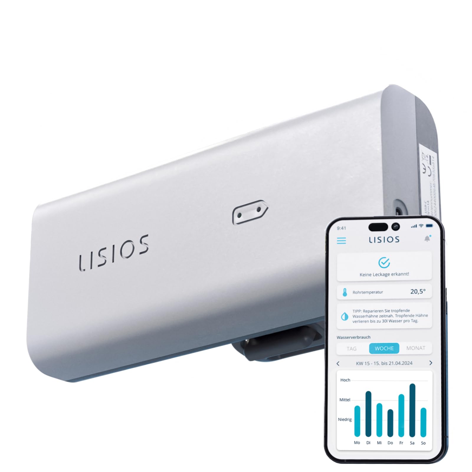 WasserAlarm - Smarter Wassermelder, Leck Alarmsensor, Messung Wasserverbrauch, WLAN, App Alarmierung, Tropf- und Leckalarm