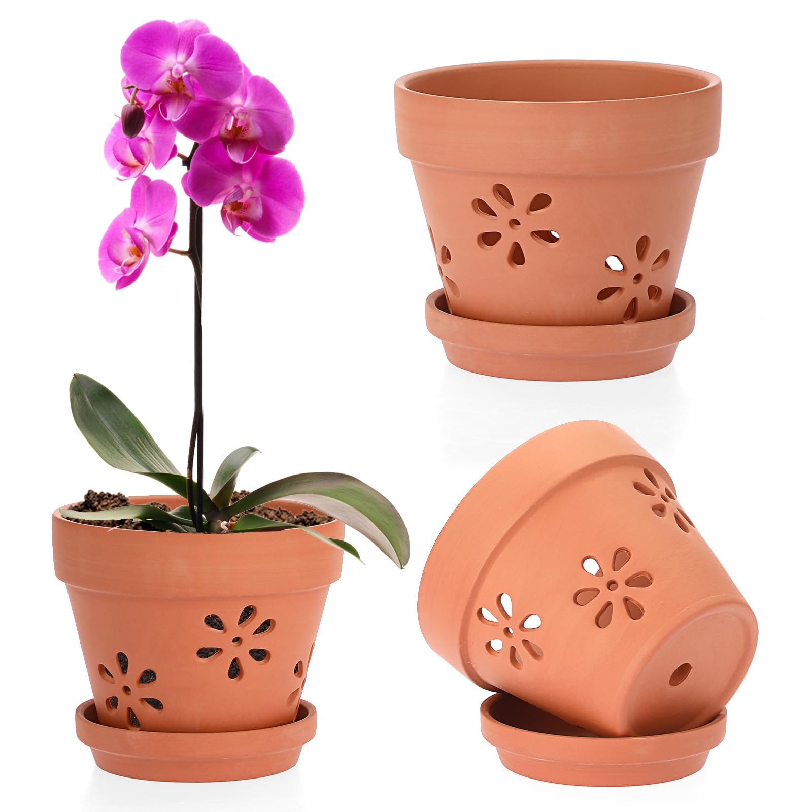 SUMTree 15cm Terracotta Orchid Pots, 3 Pack Terracotta Orchid Pots with Holes and Saucers, Small Terra Cotta Orchid Pot, Plant Flower Pots for Orchid Indoor Outdoor Promotes Air Circulation