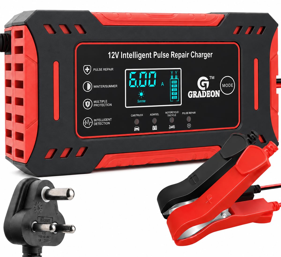 GRADEON Car Battery Charger, Battery Charger 12V, 6A Smart Automatic Trickle Maintainer Charger for Car Truck bike with Pulse Repair,Temperature Control,LED Display, for AGM, Gel & Lead Acid Batteries