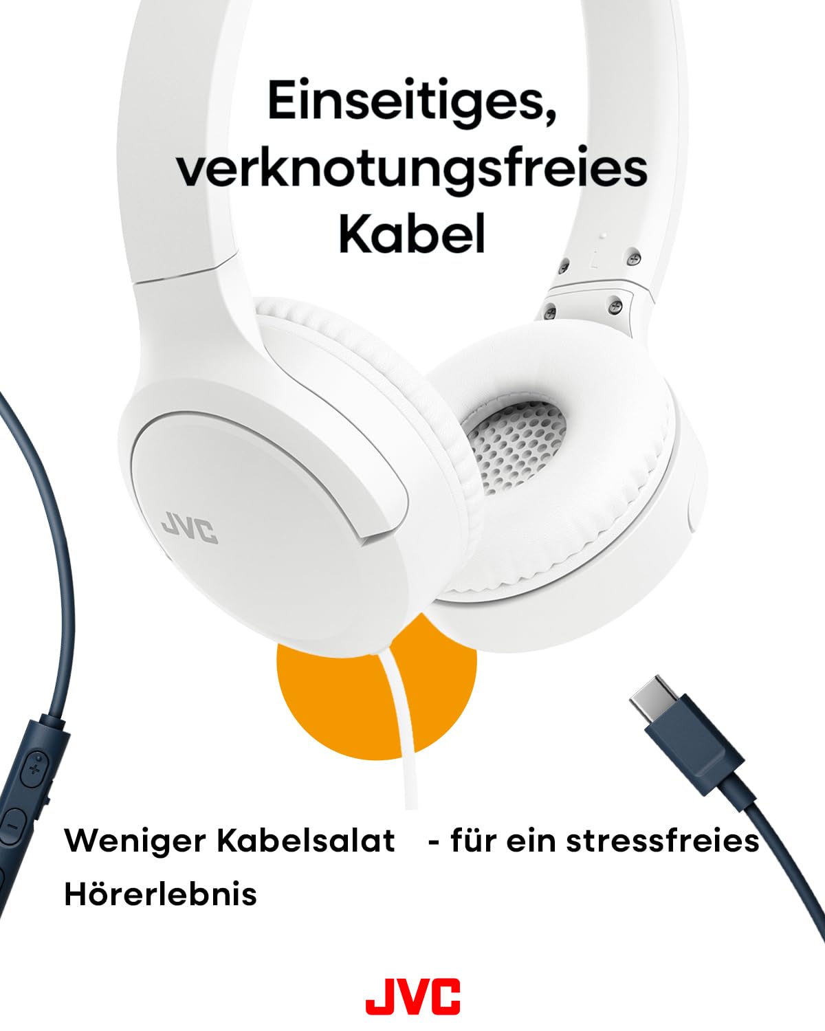 JVC HA-S33UC-W USB-C On-Ear-Kopfhörer, weiche Ohrpolster, faltbar, mit Mikrofon & 3-Tasten-Fernbedienung, einseitiges Kabel, Weiß