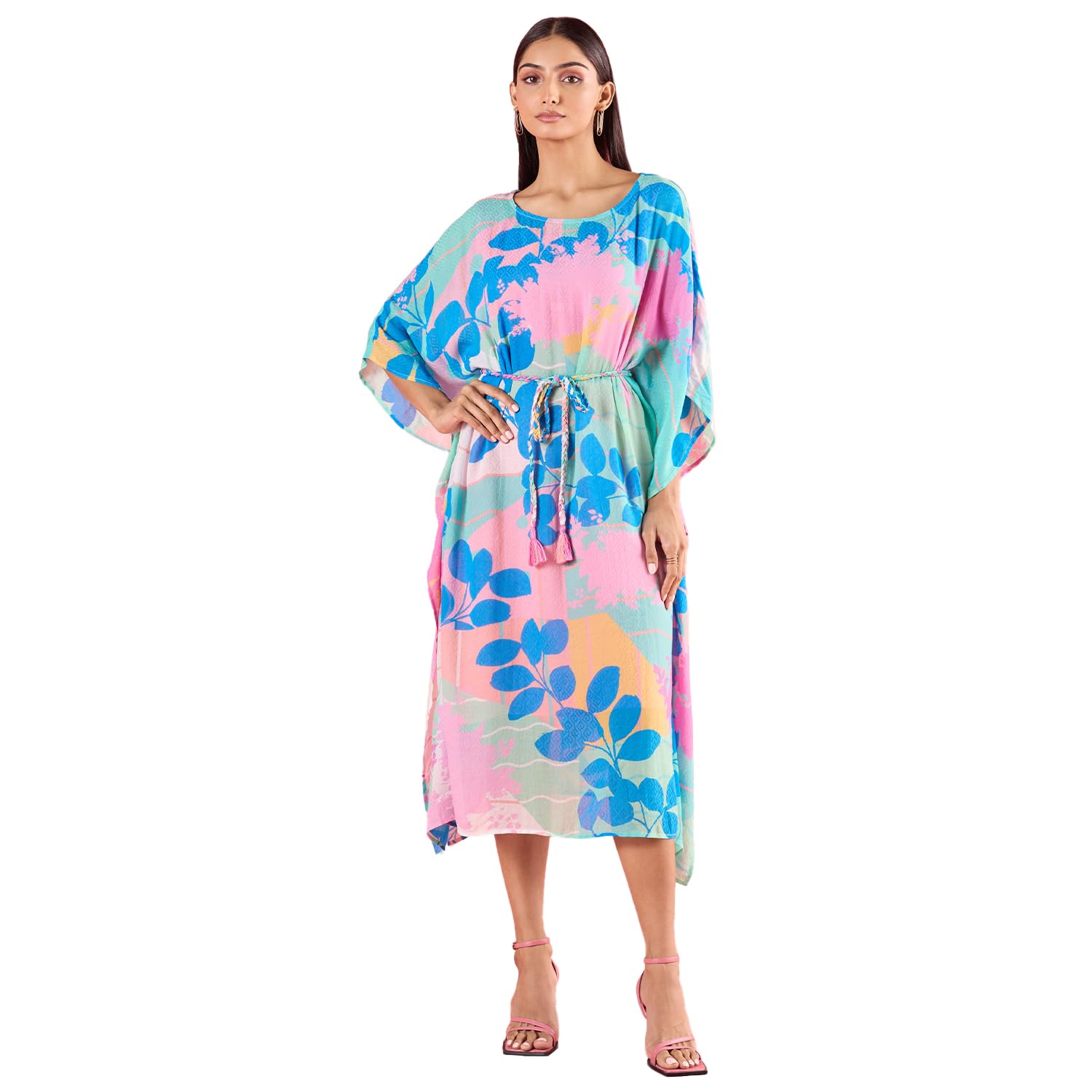 navyasa blue liva muslin jacquard digital print kaftan for women-image-48