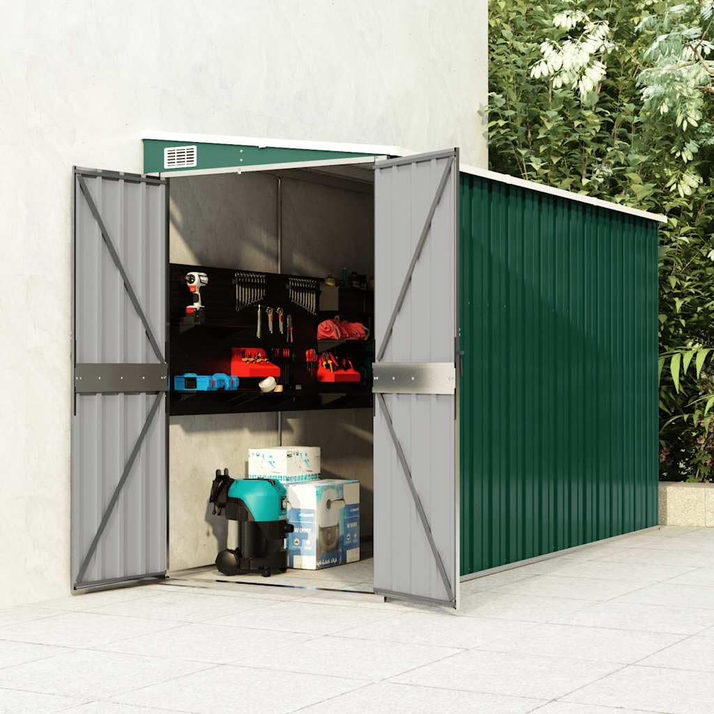 Cobertizo de jardín de pared de acero galvanizado verde 118 x 288 x 178 cm con doble puerta con cerradura para herramientas, bicicletas, cortacésped, muebles y protección contra la intemperie
