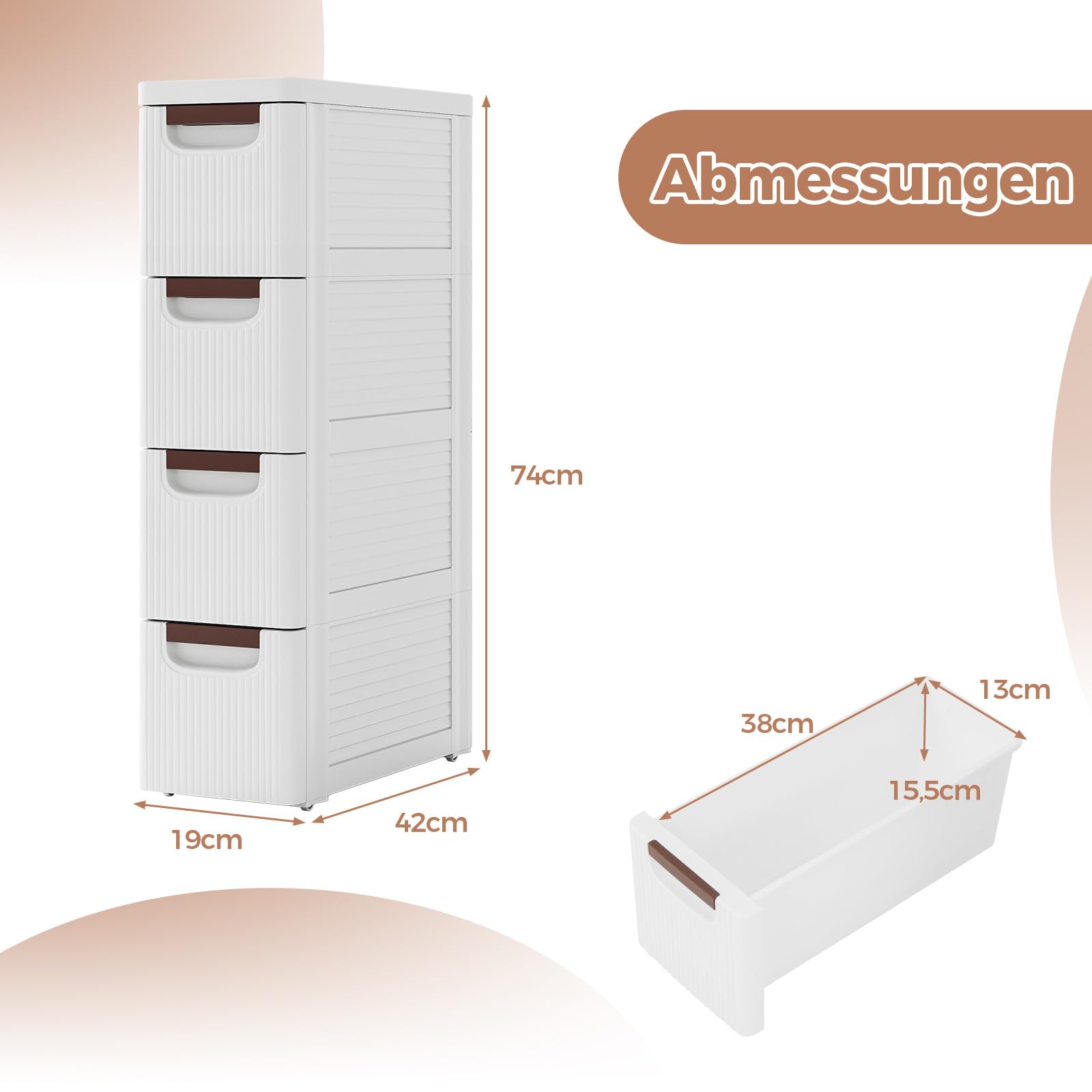 COSTWAY Nischenschrank schmal mit Rollen, Nischenregal 20cm breit, Nischenwagen mit 4 Schubladen, Badrollwagen für Bad, Klassenzimmer, Studio & Salon, Weiß, 42 x 19 x 74 cm