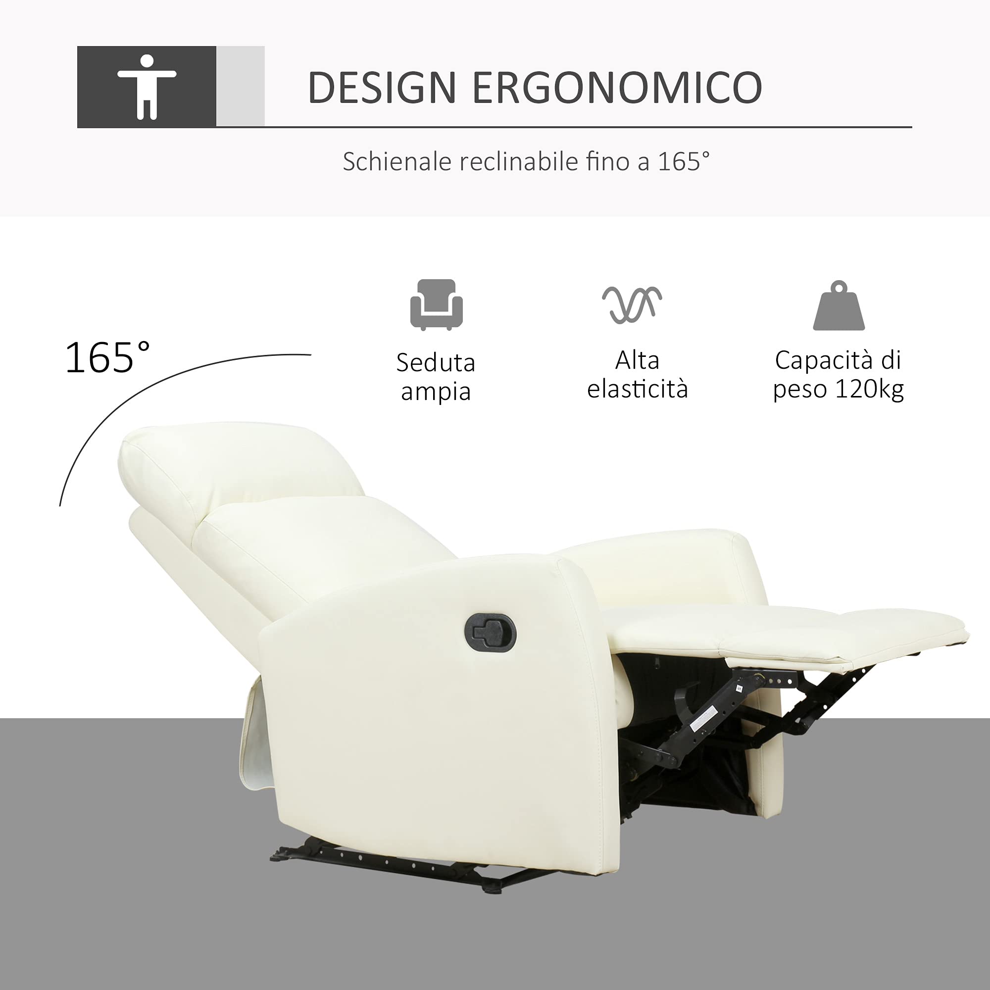 HOMCOM Poltrona Relax Reclinabile 165° con Poggiapiedi Regolabile Ergonomica in pelle PU, 65 × 92 × 100cm Crema