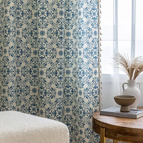 Image of Blue Floral Curtains 63 Inches Long, Boho Farmhouse Light Filtering Rod Pocket Drapes with Tassel Trim for Bedroom Living Room, 2 Panels
