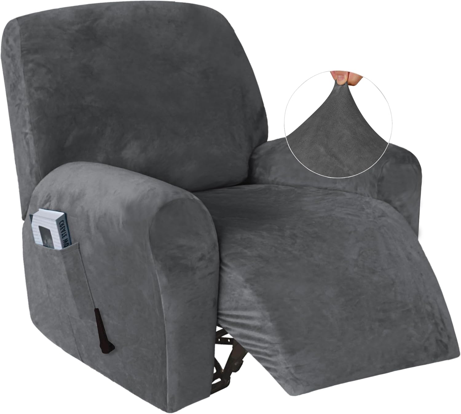 4-Piece Recliner Chair Covers Velvet Plush Recliner Covers for Large Recliner, Stretch Single Reclining Sofa Cover for Home Theater Seating with Side Pocket, Thick & Soft, Machine Washable