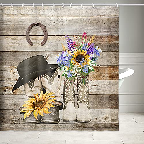 Rustic Western Shower Curtain, Western Hat Sunflowers In West Cowboy Boots Shower Curtains Set, Country Farmhouse Horseshoe Wood Barn Door Bathroom Shower Curtains Polyester 12Pcs Hook 69X70In #TOP2