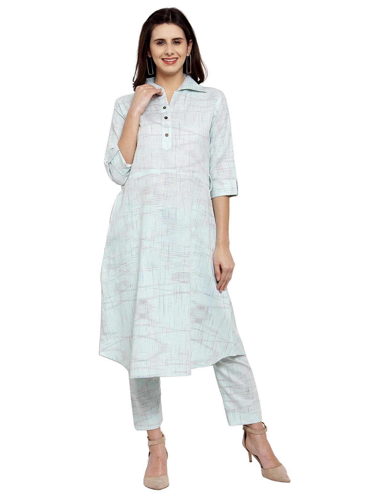 sayesha Sky Blue Shirt Collar A-Line Cotton Kurti with Culotte-picture-28