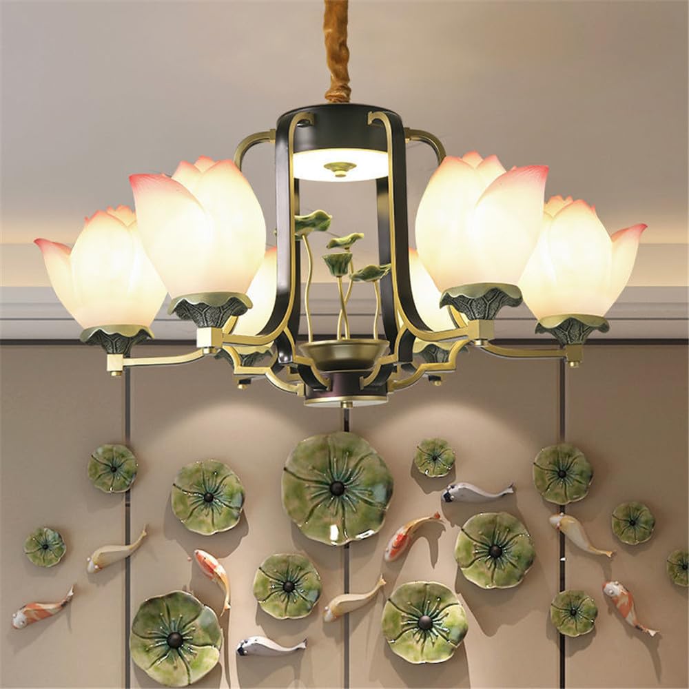 LYMSXAZOU Contemporary Lotus Pendent Lights Chinese Retro Creativity Villa Living Room Restaurant Bedroom Tearoom Study Hotel LED Decoration Chandelier (C 6 Lights)