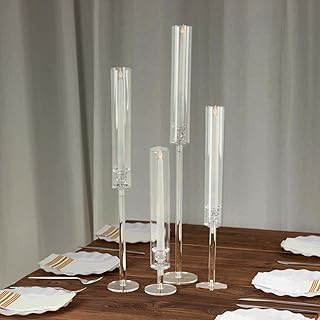 Efavormart Set of 4 Clear Acrylic Taper Candlestick Holders, Hurricane Candle Stands with Tall Chimney Tube Candle Shades - 14",18",22",26"