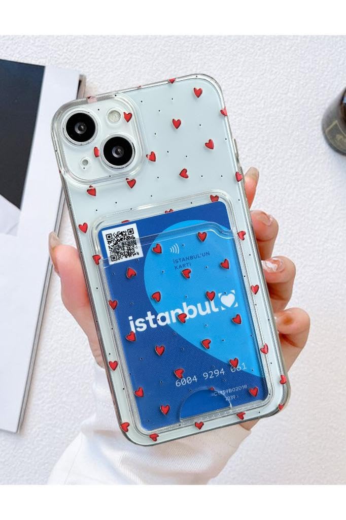 İphone 13 / İphone 14 Uyumlu Kartlıklı Minik Kalpler Desenli Şeffaf Silikon Kılıf ŞEFFAF