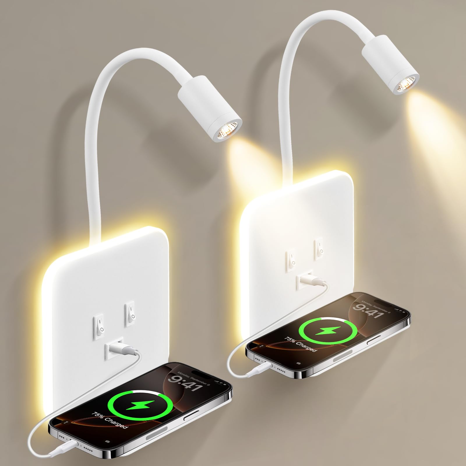 Lampada da parete a LED per interni, lampada da lettura a LED da comodino con interruttore, porta USB, vassoio, lampada da parete orientabile a 360°, lampada da lettura da comodino(C)