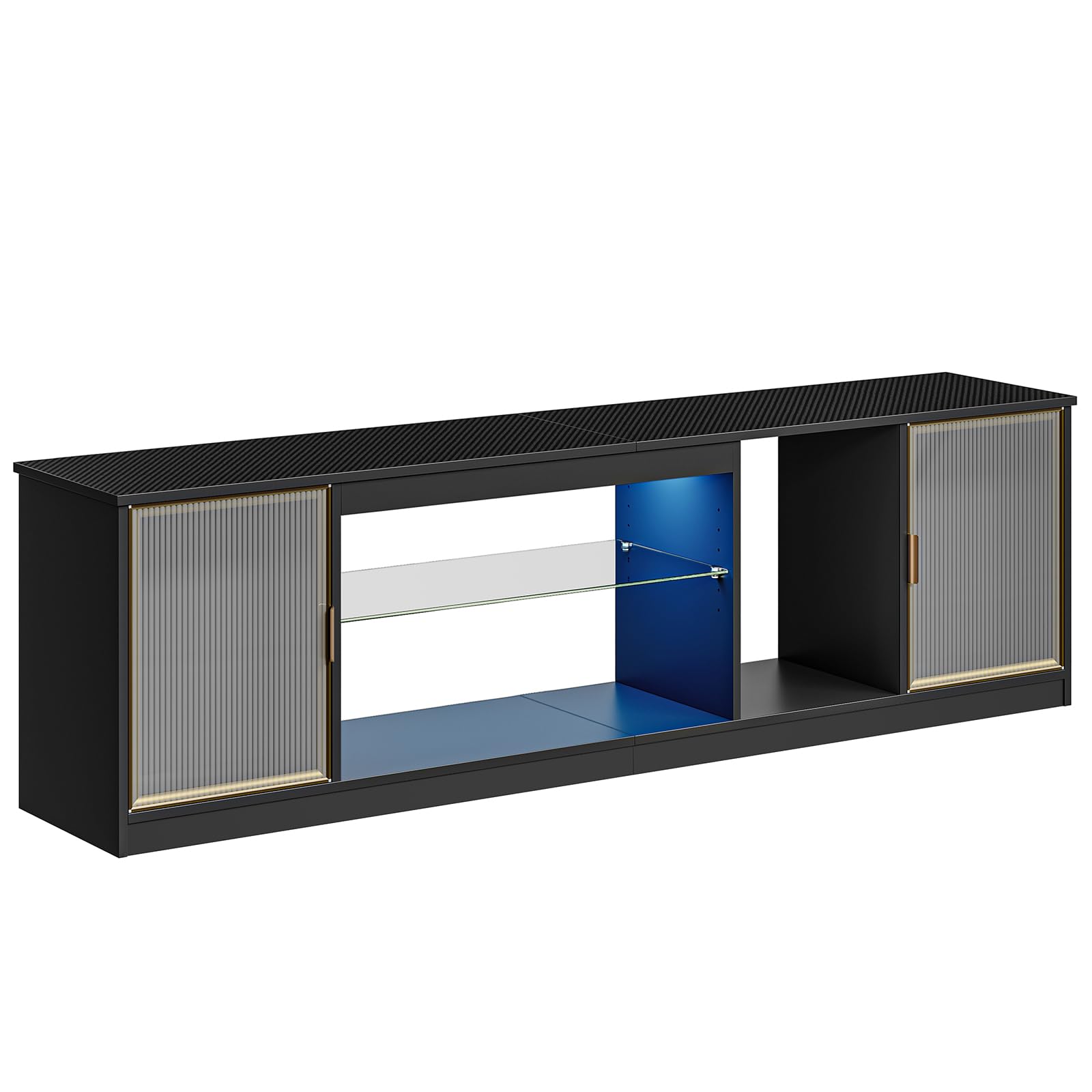 Bestier Mobile TV moderno per TV da 75/80 pollici,centro di intrattenimento a LED ante in acrilico e ripiano in vetro regolabile,console TV multimediale da 70",per soggiorno,fibra carbonio nera