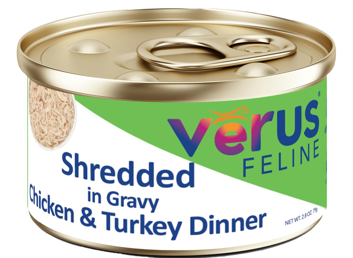VeRUS Pet Foods Wet Cat Food Shredded Chicken, Chicken & Turkey Dinner in Gravy Formula 24 Pack