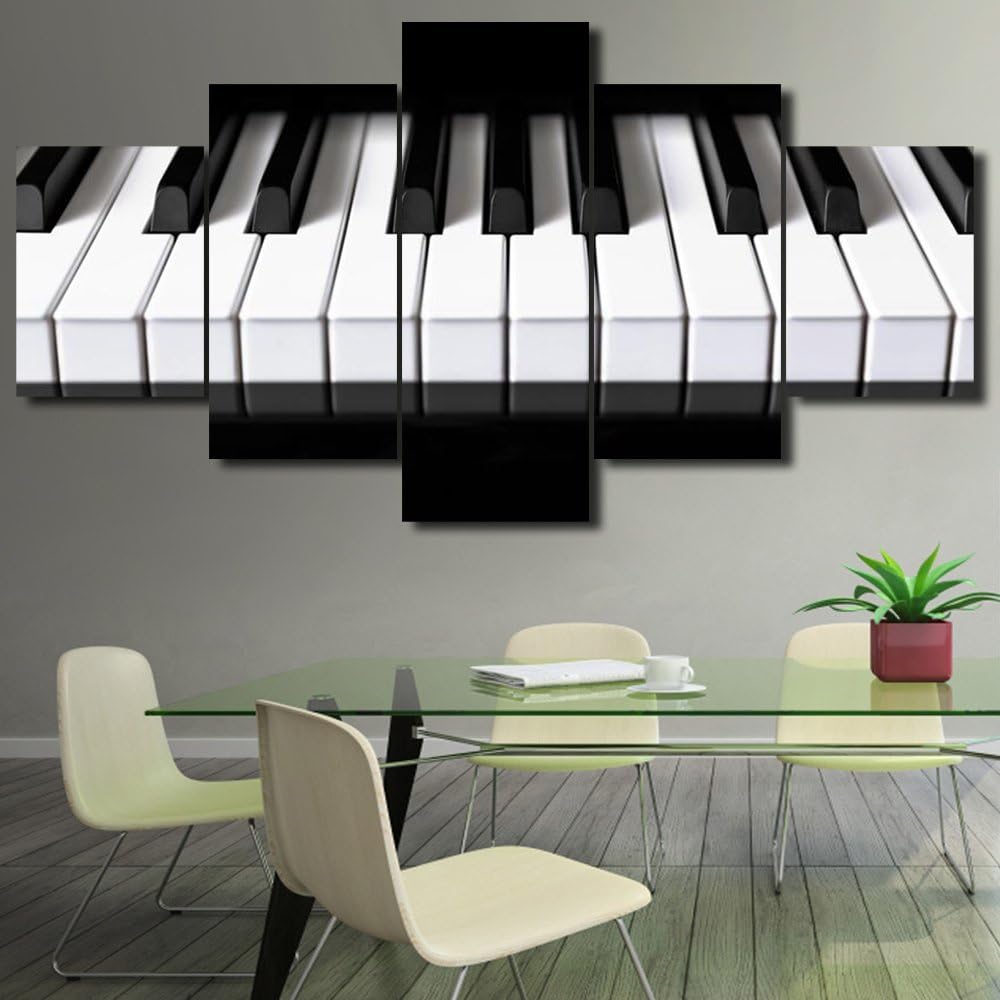 5 Piece Canvas Wall Art Black and White Paintings Piano Keyboard Pictures Music Wall Decor Contemporary Artwork Home Decorations for Living Room Wooden Framed Stretched Ready to Hang(60''Wx32''H) 60''W x 32''H Artwork-27
