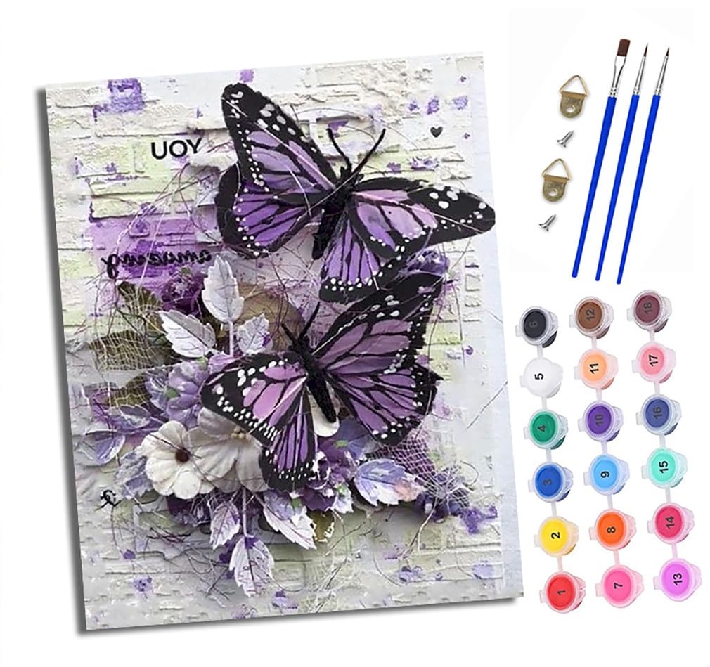 Xxhxie Purple Paint By Numbers For Adults Painting By Number Kits On Canvas Butterfly Decoration Diy Craft Art Painting Kit Acrylic Pigment Drawing Paintwork For Gift Home Wall Decor 16X20 Inch/40X50cm