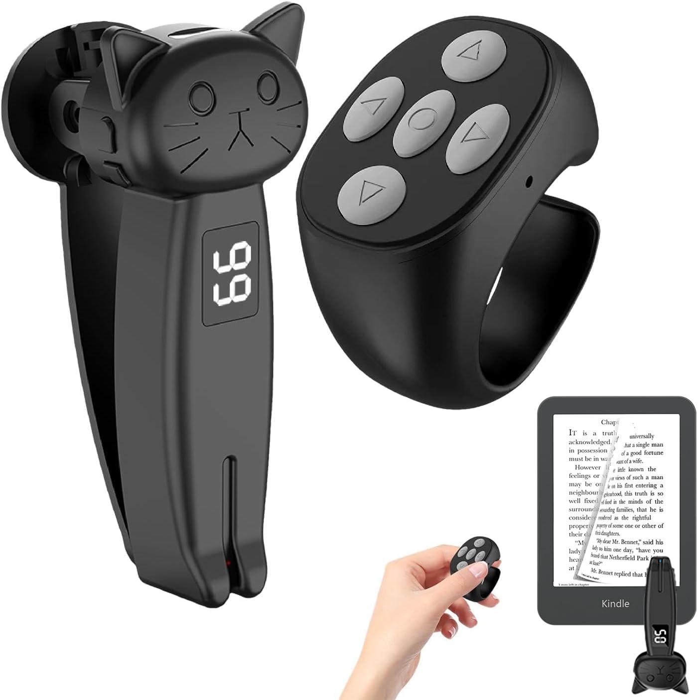 T Tersely Remote Control Page Turner Ring for Kindle Paperwhite/Oasis, Bluetooth E-Reader Controller and Camera Shutter with Cartoon Pattern Design - Cat