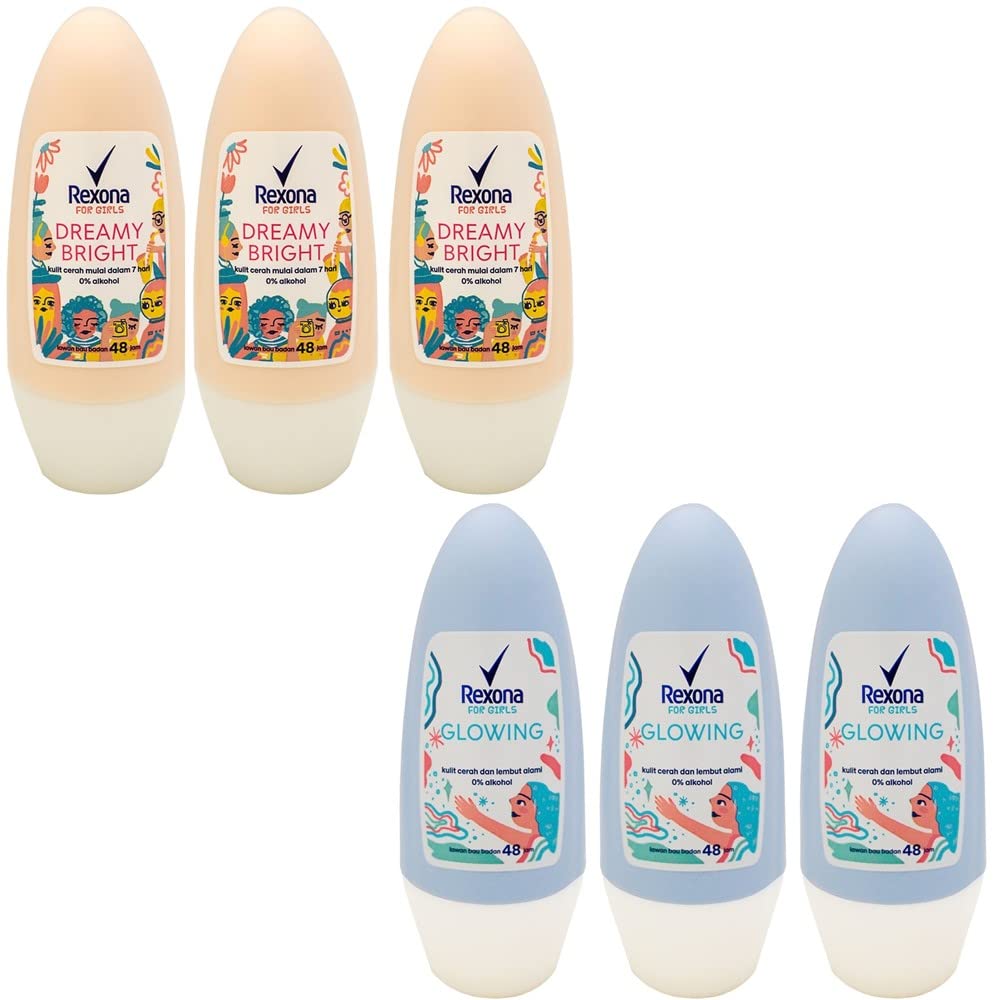 Rexona Women's Antiperspirant Deodorant Roll-on Dreamy Bright 1.4 fl oz (40 ml) x 3 + Glow Wing, 1.4 fl oz (40 ml) x 3 Packs