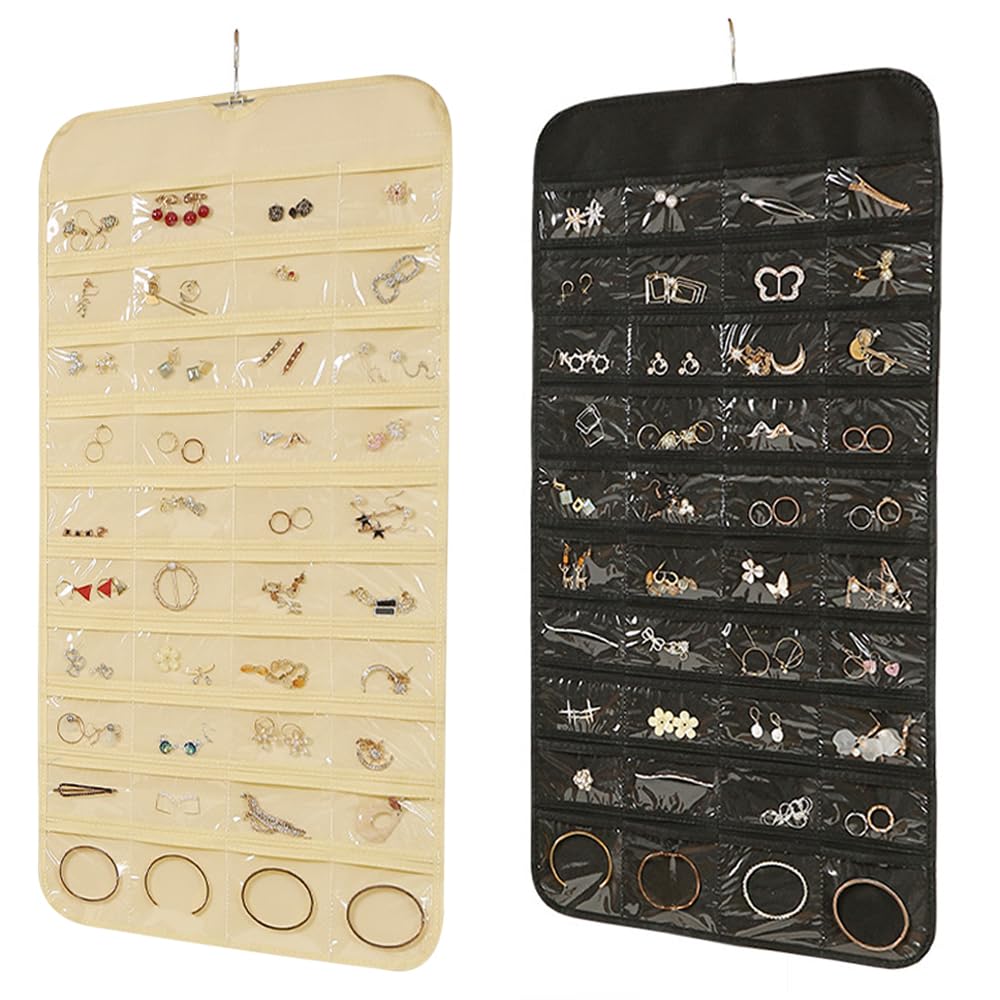 YDAKGUEY Hanging Jewellery Organiser, 2 Pcs Double-Sided Earring Storage with 80 Clear Pockets