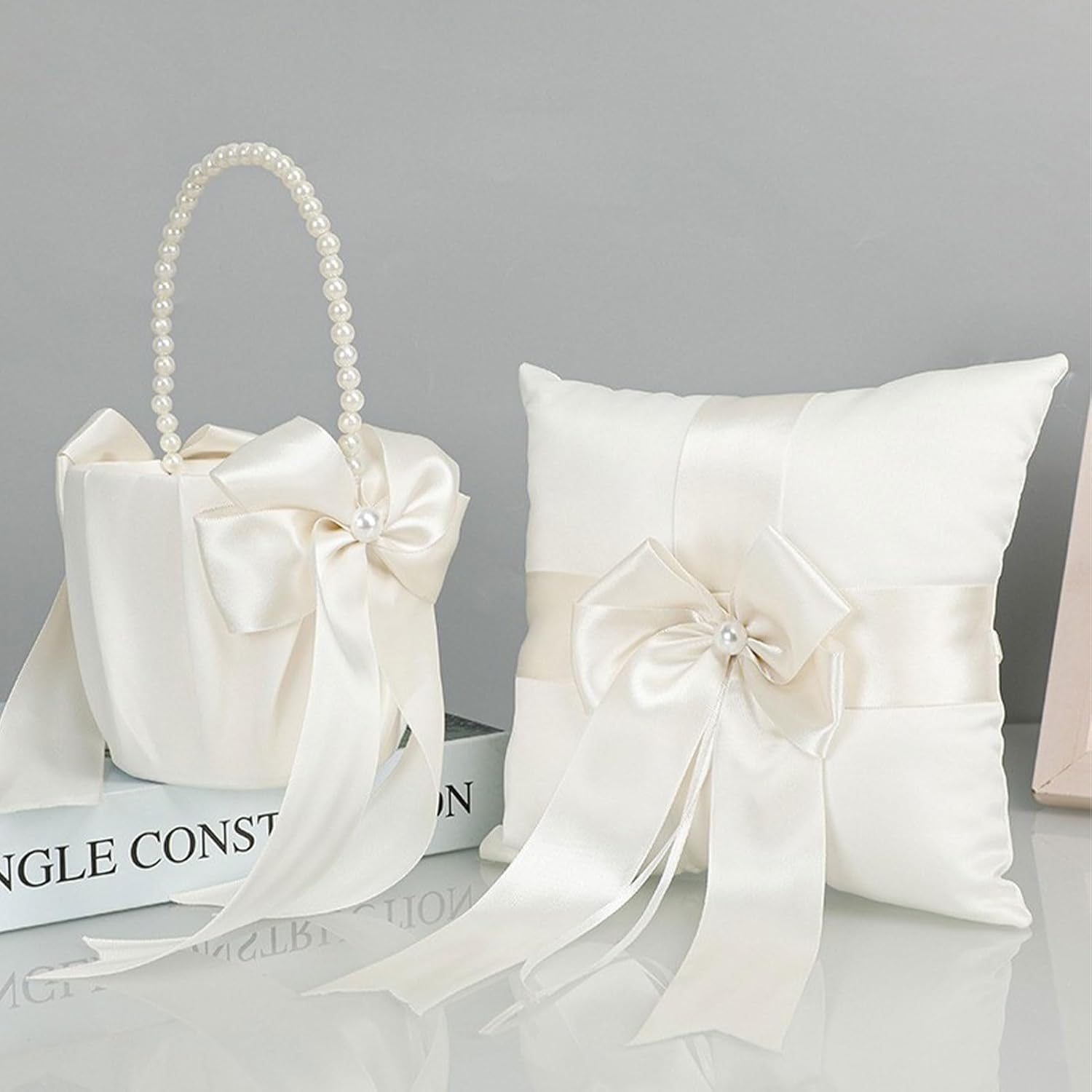 Flower Girl Baskets and Rings Bearer Pillow Set, 1 Ivory Flower Basket 1 Bow Pearl Rings Pillows, Flower Girl Basket with Pearl Handle for Wedding Party Decoration(basket+ pillow)