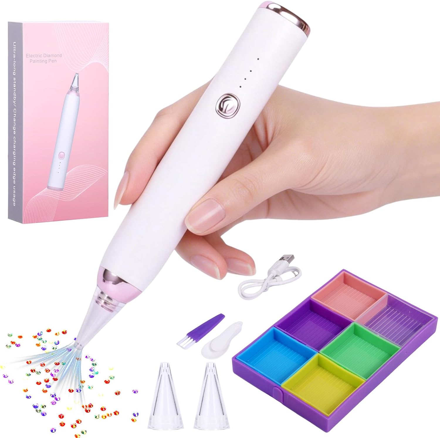 Diamond Art Pen Painting Pen Electric Cordless Rechargeable Diamond Paint Tools with Diamonds Colleting Trays, Low-Noise, Wax-Free, 3-Speed Adjustment
