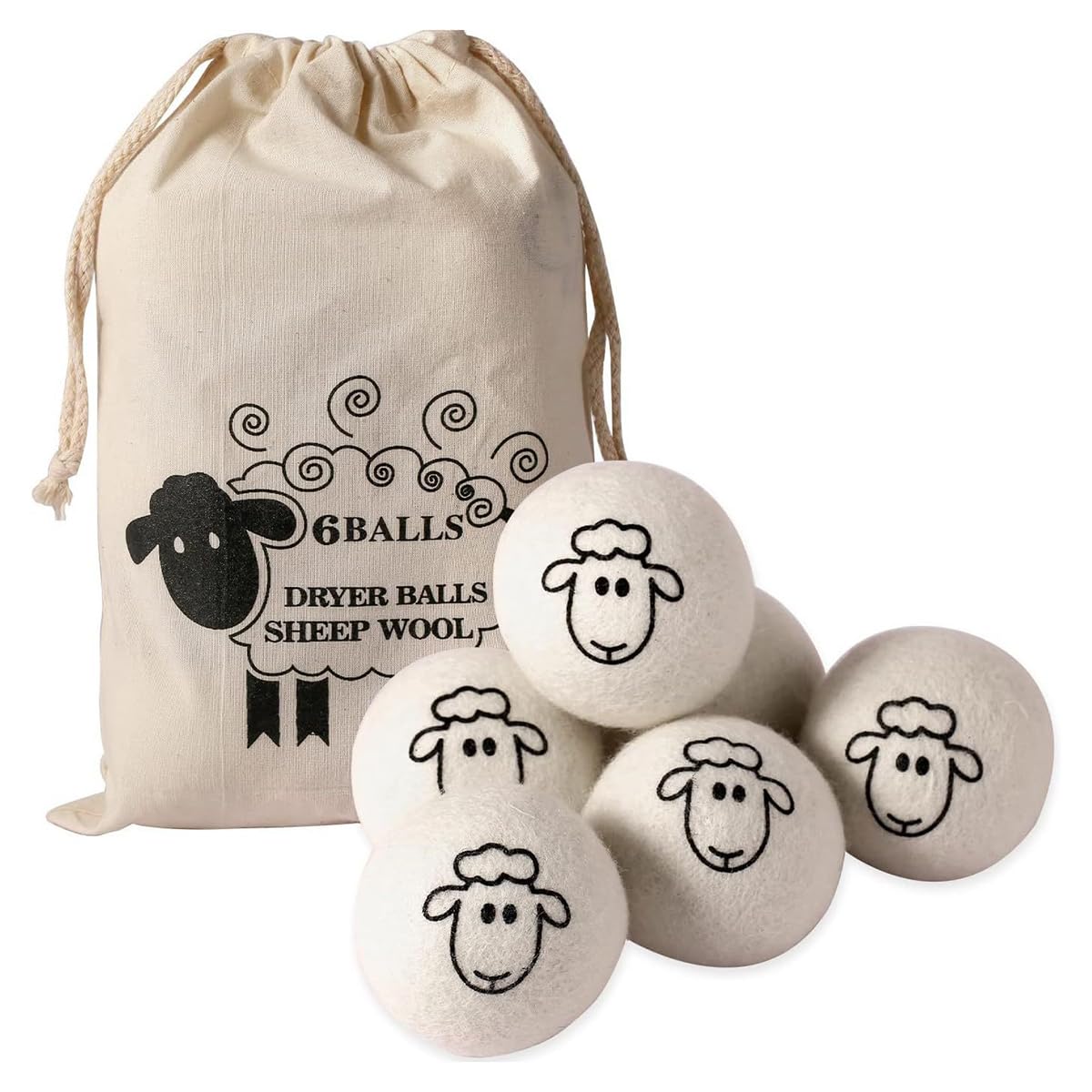 Premium Wool Dryer Balls, 6-Pack Natural Sheep Wool Laundry