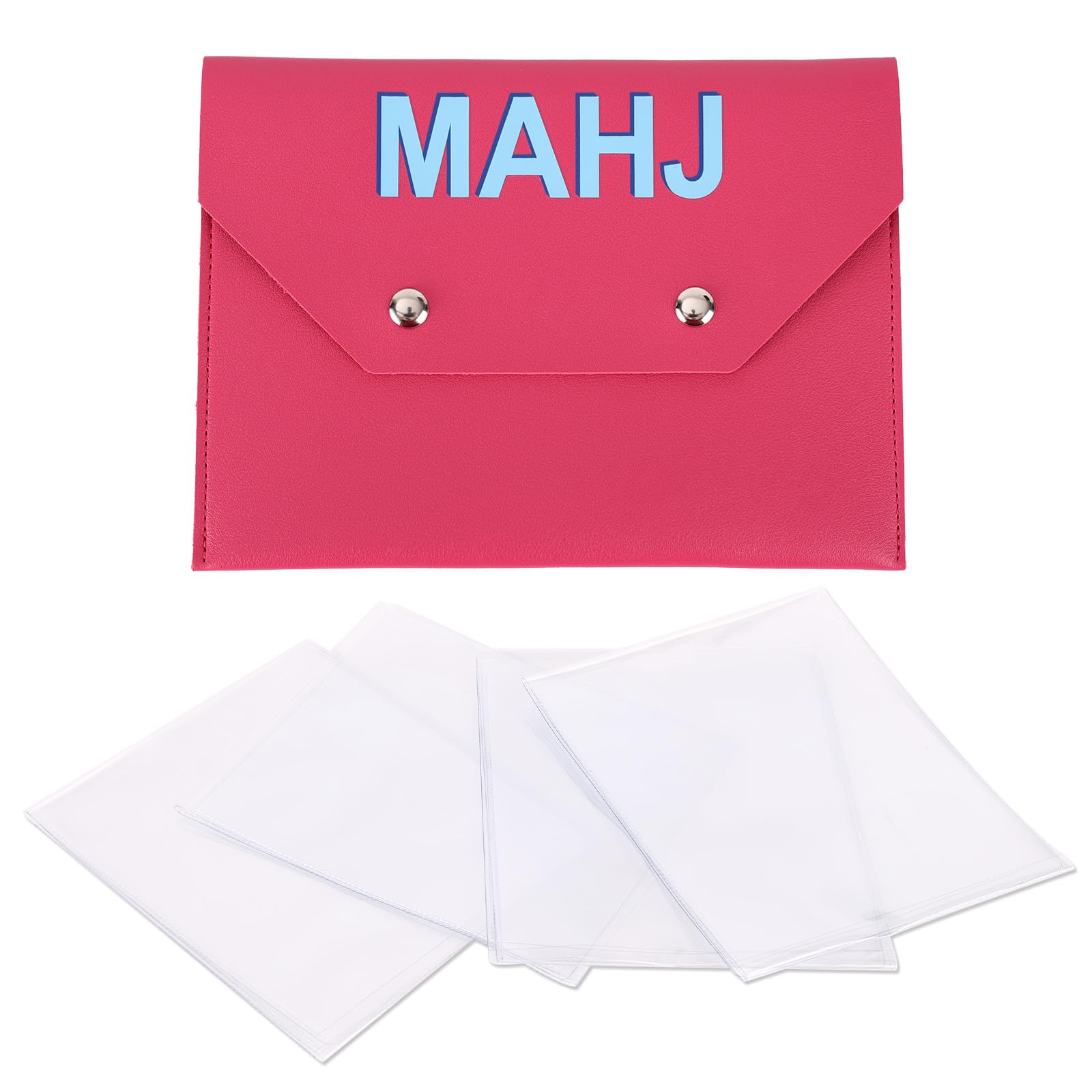 Fukaisu Leather Mahjong Card Holder Pouch, Protective Case Bag with Secure Snap Button & 4 Clear 2025-2026 Large Mahjong Card Sleeve Protector Cover for Game Night Accessory (Bright Pink)