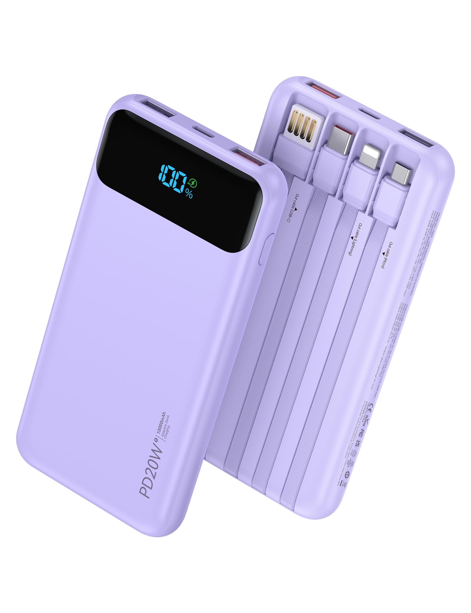 Caricabatterie portatile da 10000 mAh integrato con 4 cavi, ricarica rapida USB C Power Bank da 22,5 W, batteria a 6 uscite, caricabatterie per telefono essenziale da viaggio con display a LED