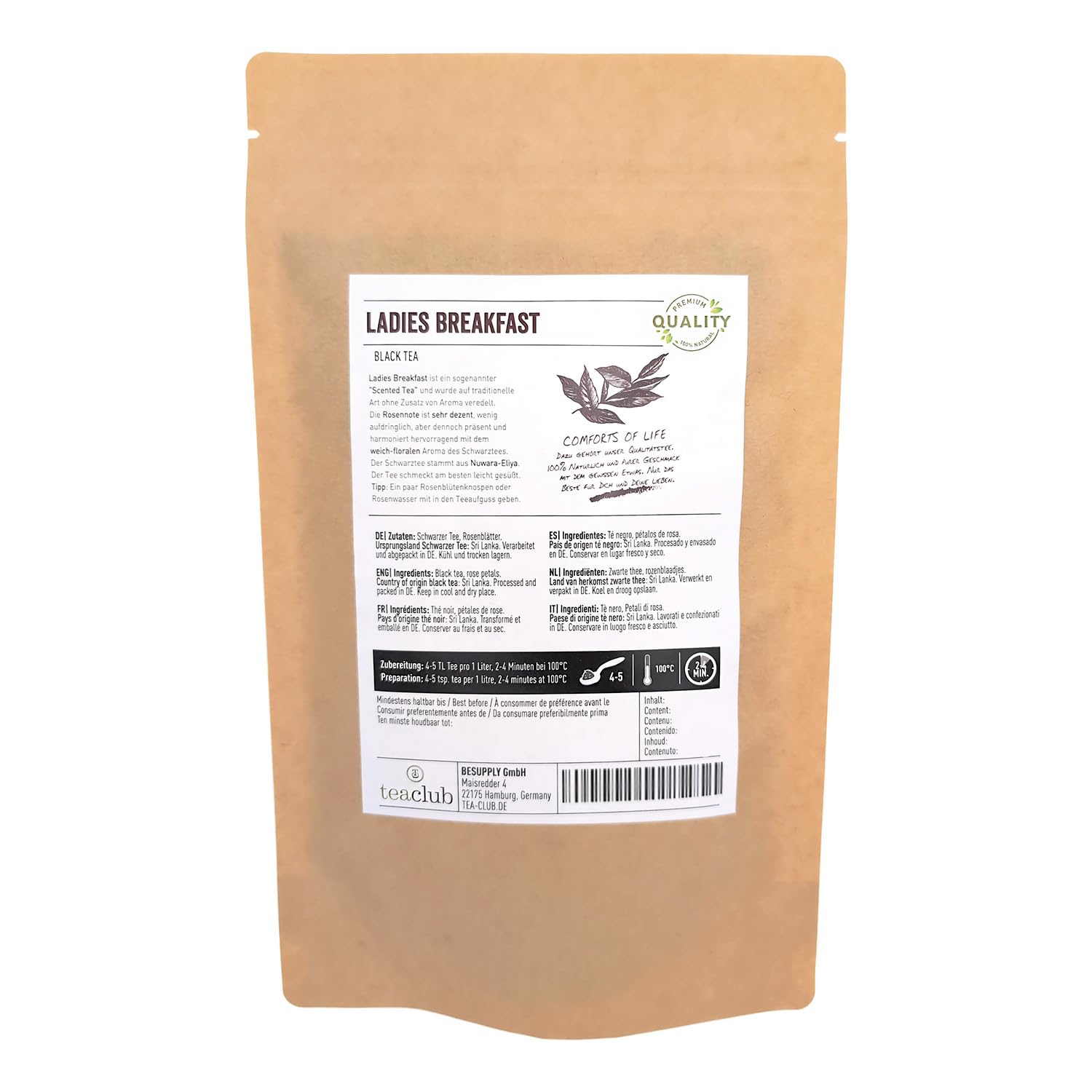 TeaClub Ladies Breakfast Schwarzer Tee Lose 500g – Schwarztee Rosentee | Mittelkräftiger Schwarzer Tee lose mit echten Rosenblüten, süßlich-blumiges Aroma, ohne Aromazusatz, glutenfrei, Black Tea