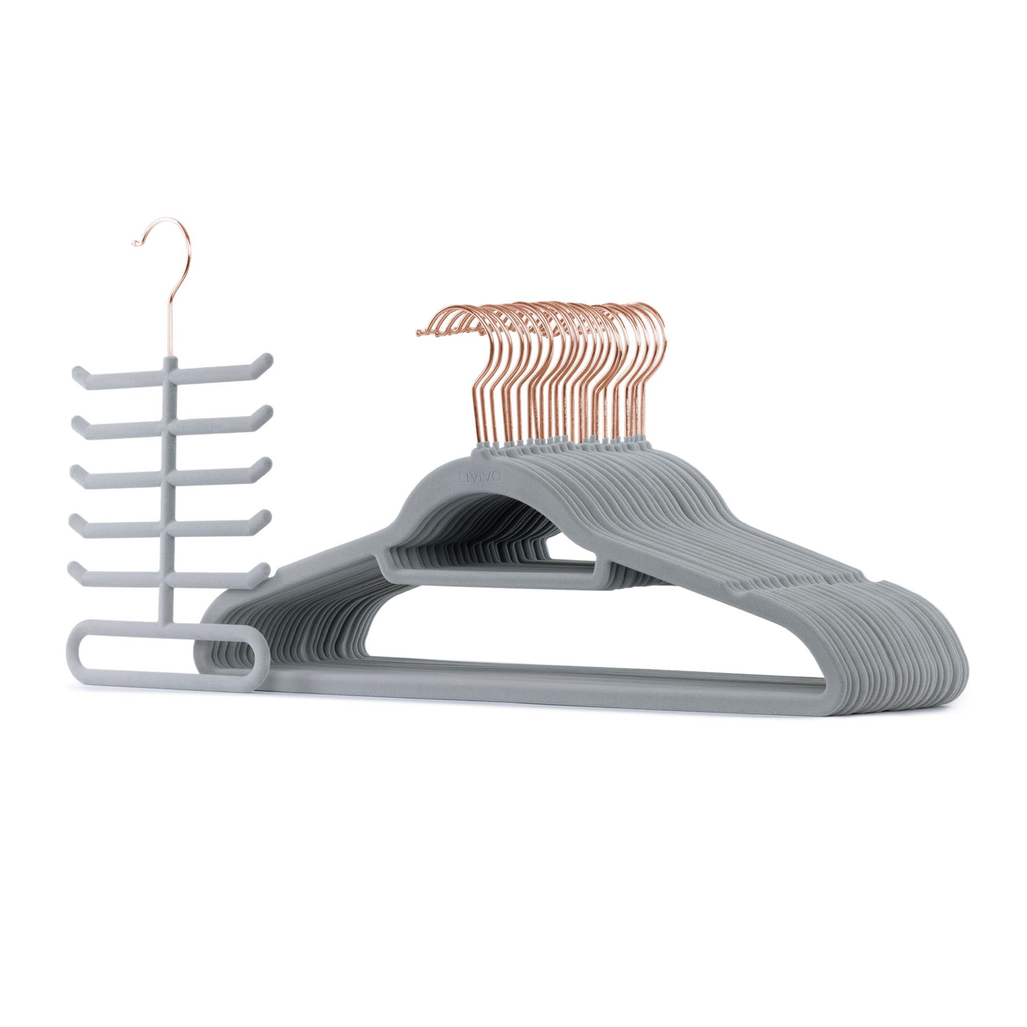 LIVIVO Velvet Hangers - 50 Pack Heavy Duty Velvet Clothes Hangers with Tie & Belt Bar, 360° Swivel Hook, Non-Slip Coat Hangers for Clothes, Slim Space-Saving For Suits, Dresses - Grey/Rose Gold