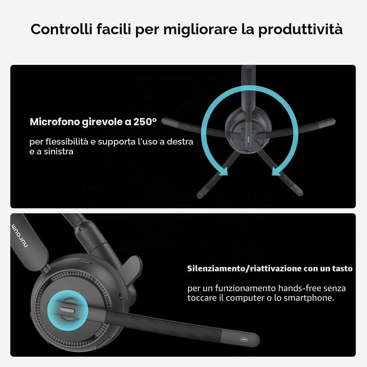 Nuroum HP31-SU(2nd Gen) Cuffie con Microfono Bluetooth,Cuffie Wireless ENC a Cancellazione di Rumore con Stazione di Ricarica,Dongle/USB-A&C/Bluetooth,45H Lavoro per Cuffie Call Center/Lavoro/Chiamate
