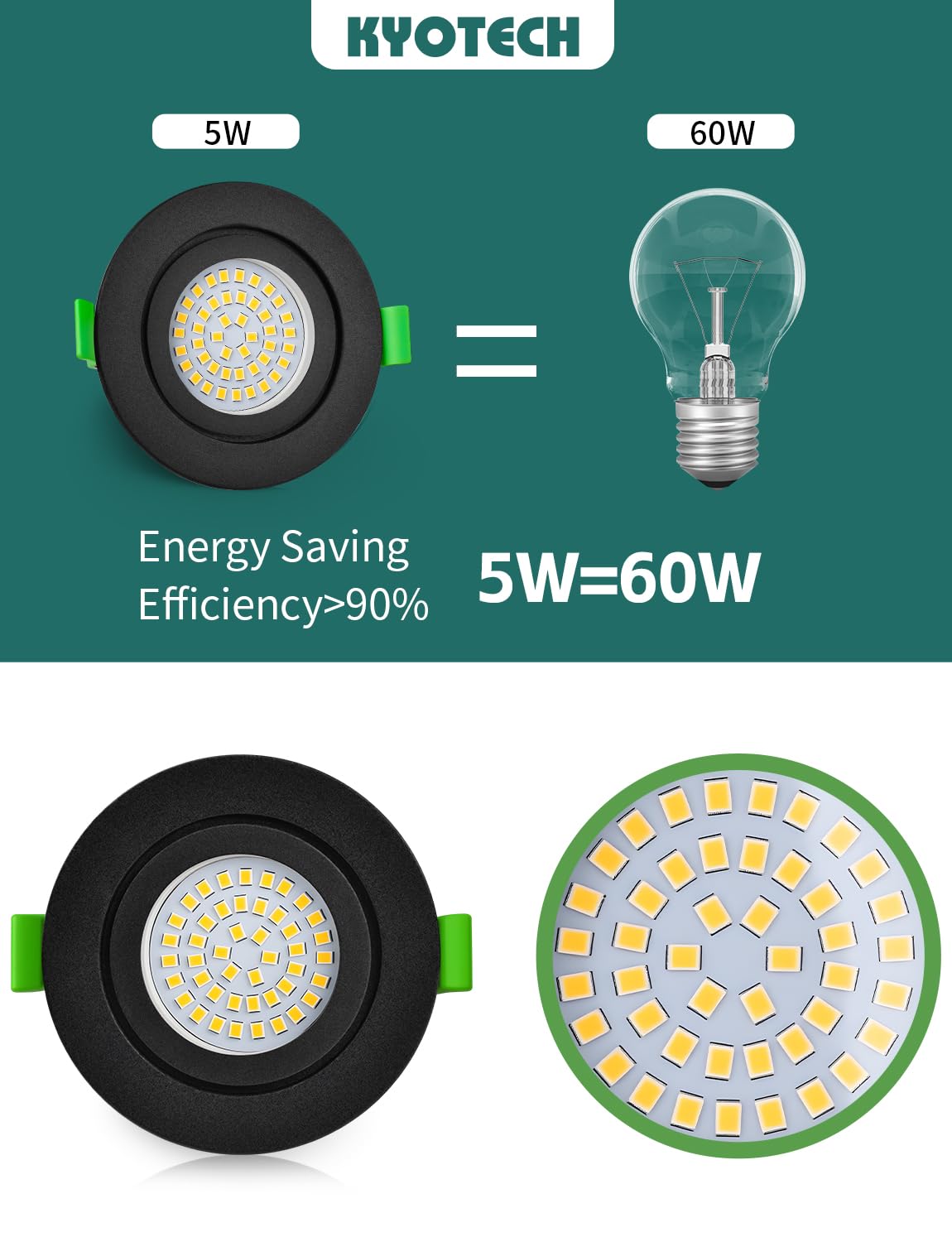 KYOTECH Downlight LED Techo Empotrable Regulable 65-75mm Extraplano Foco Empotrable LED Techo 5W IP65 Ojos de Buey Blanco Neutro 4000K Focos Interior para Baños, Negro 6 Pack (No Rotatorio)