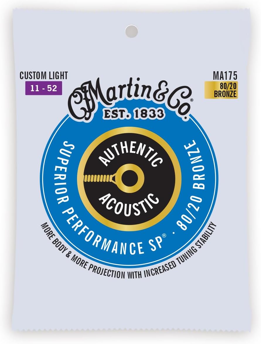 Martin Authentic Acoustic Guitar Strings, Superior Performance Custom Light 11-52, 80/20 Bronze