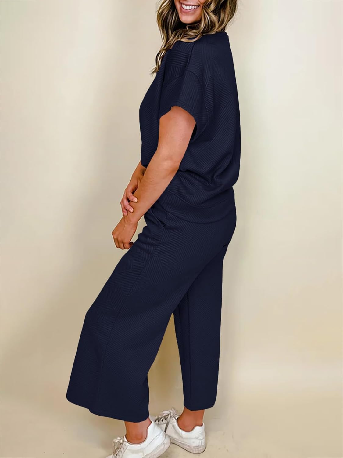 Fazortev Womens 2 Piece Outfits Sweatsuit Short Sleeve Tops and Drawstring Waist Cropped Wide Leg Pants Loungewear Sets - Image 2