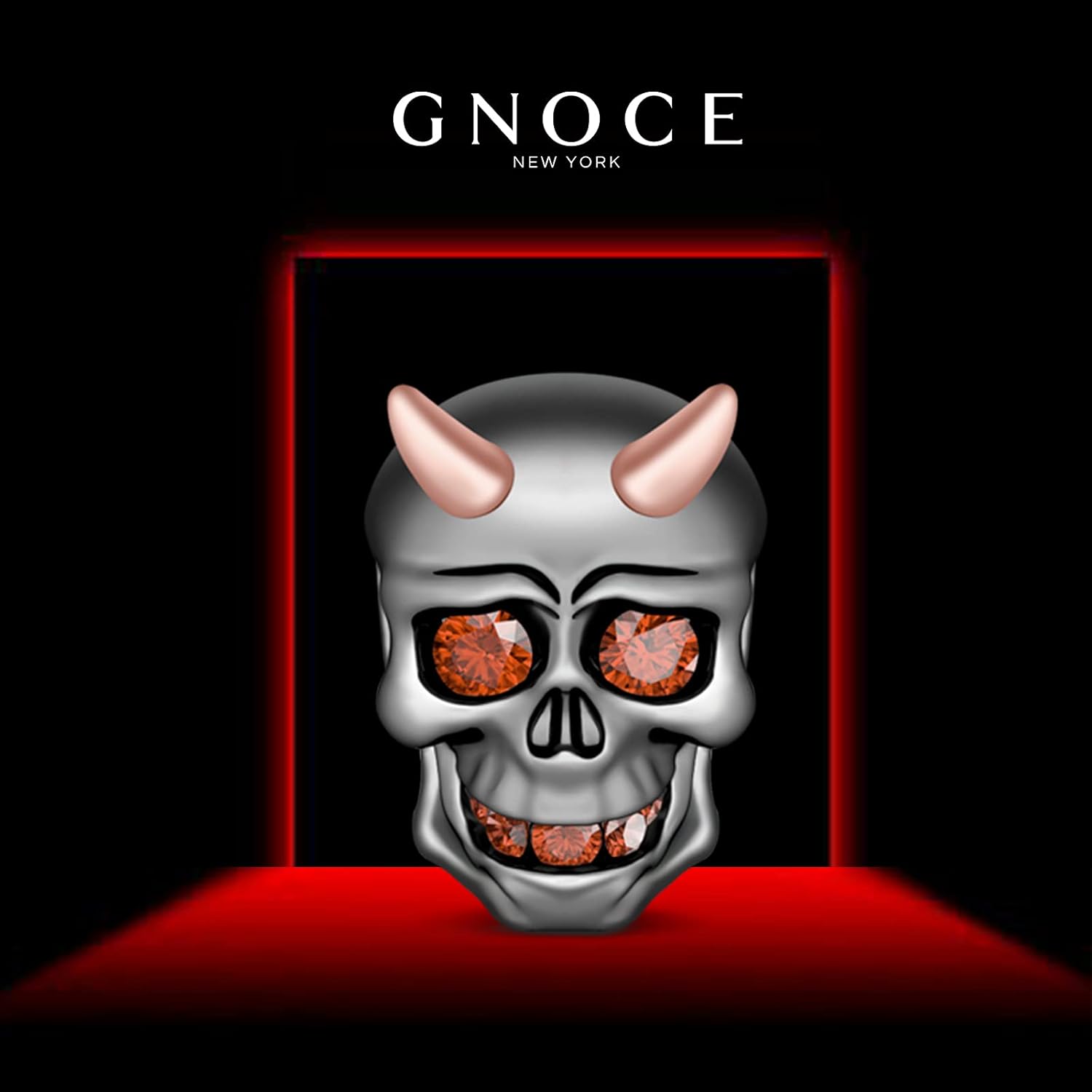 GNOCE Skull Bead Charms 925 Sterling Silver Black Little Devil with Rose Gold Horns Red Eyes Teeth Halloween Jewelry Charm for Bracelets Necklace