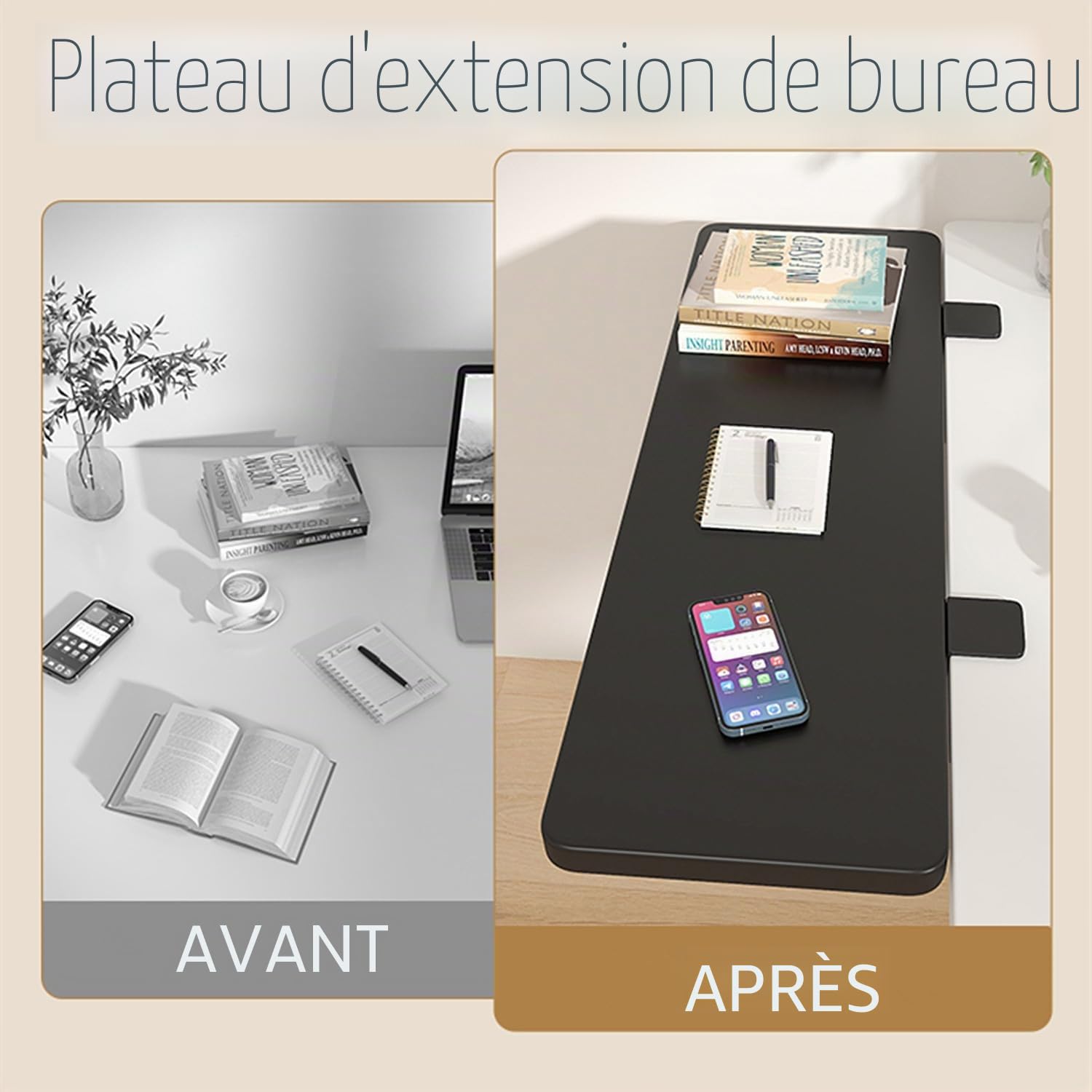 Étagère d'extension de bureau, 50 x 20 cm, ergonomique, montage sans perçage, fixation par pince sur le plateau de clavier, pour la maison et le bureau (noir)