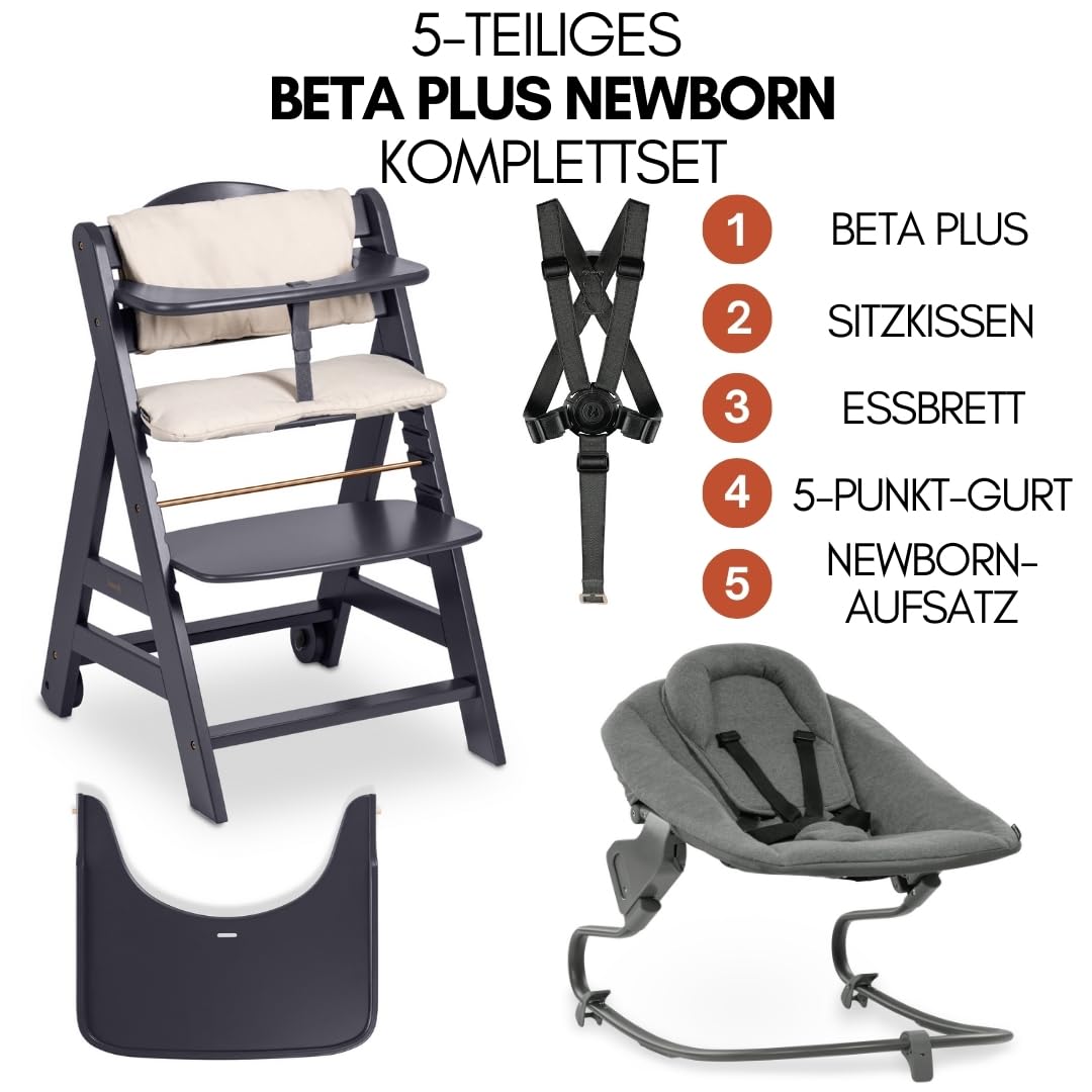Hauck Beta+ Hochstuhl Newborn Set mit Premium Bouncer Dark Grey - Mitwachsender Holz Kinderhochstuhl mit Rollen ab Geburt bis 90 kg