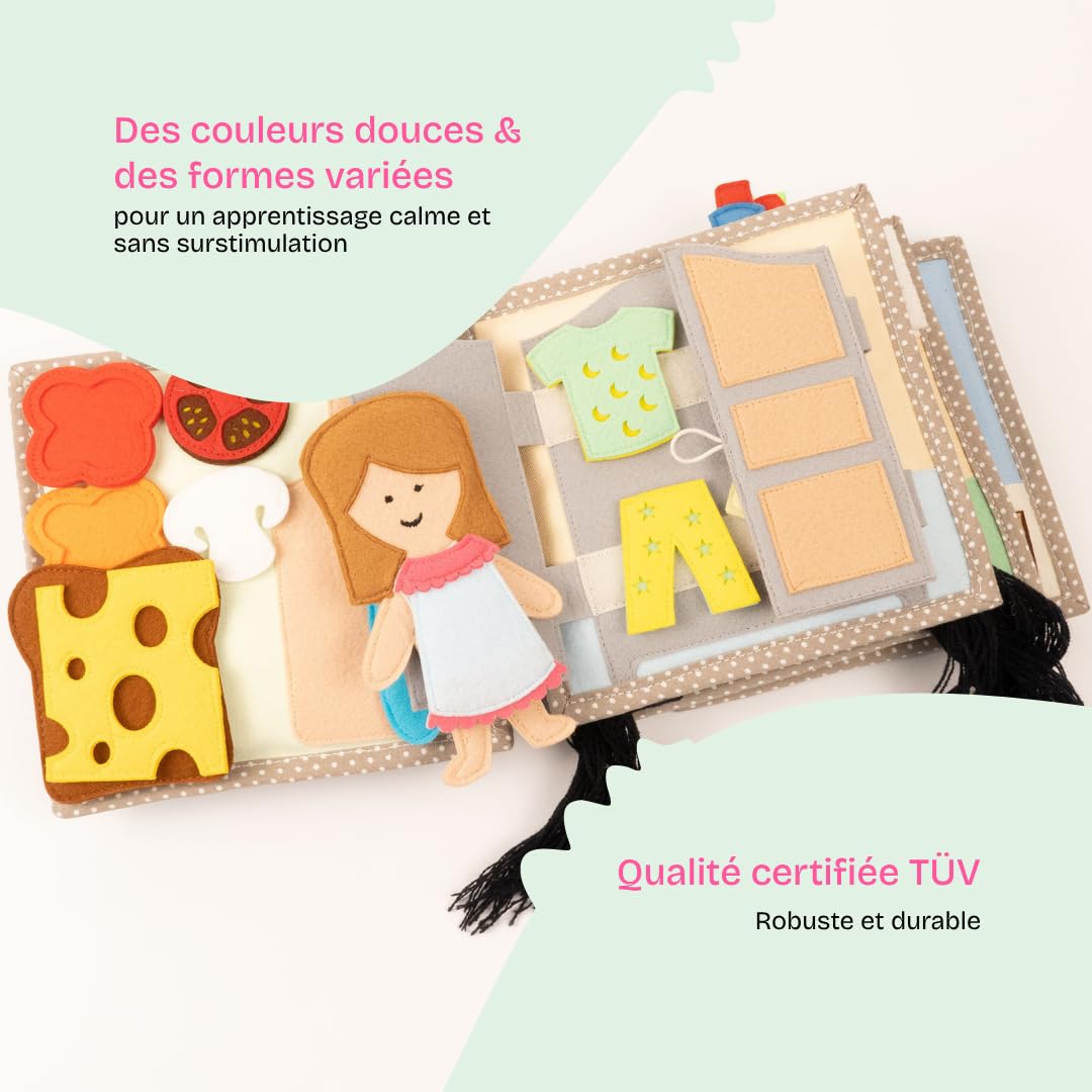 Jolly Designs Quiet Book - Jouet Montessori à partir de 18 mois - Livre sensoriel en tissu pour enfants - Livre Busy Book en feutre fait à la main - Jouet éducatif et jouet de voyage