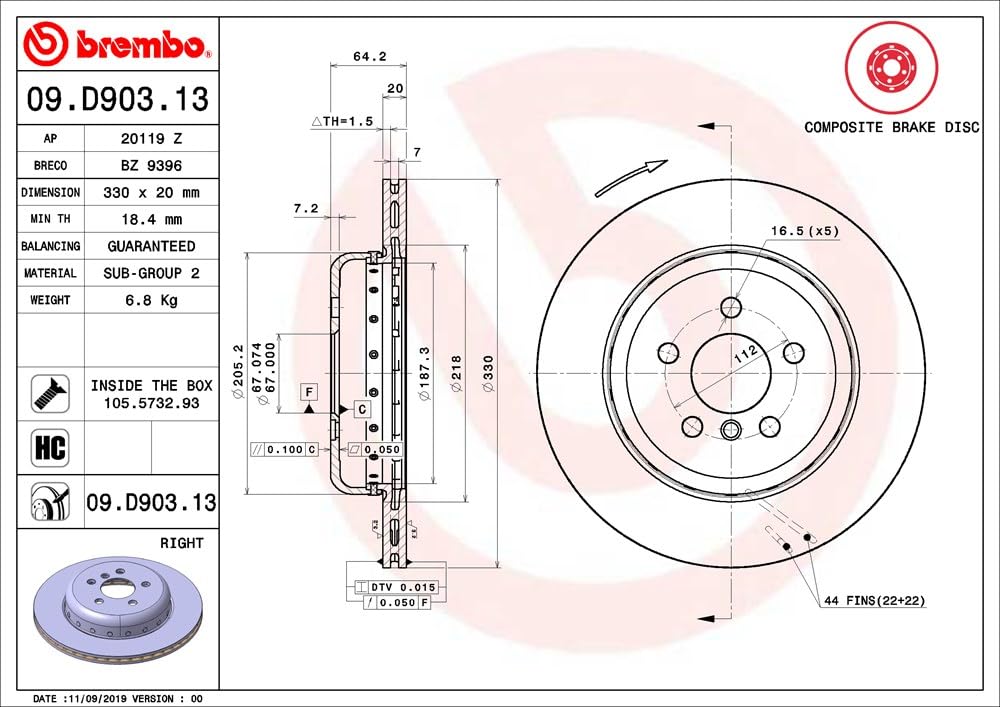 Brembo 09.D903.13 Disco freno Posteriore Destro a due pezzi, Set di 1