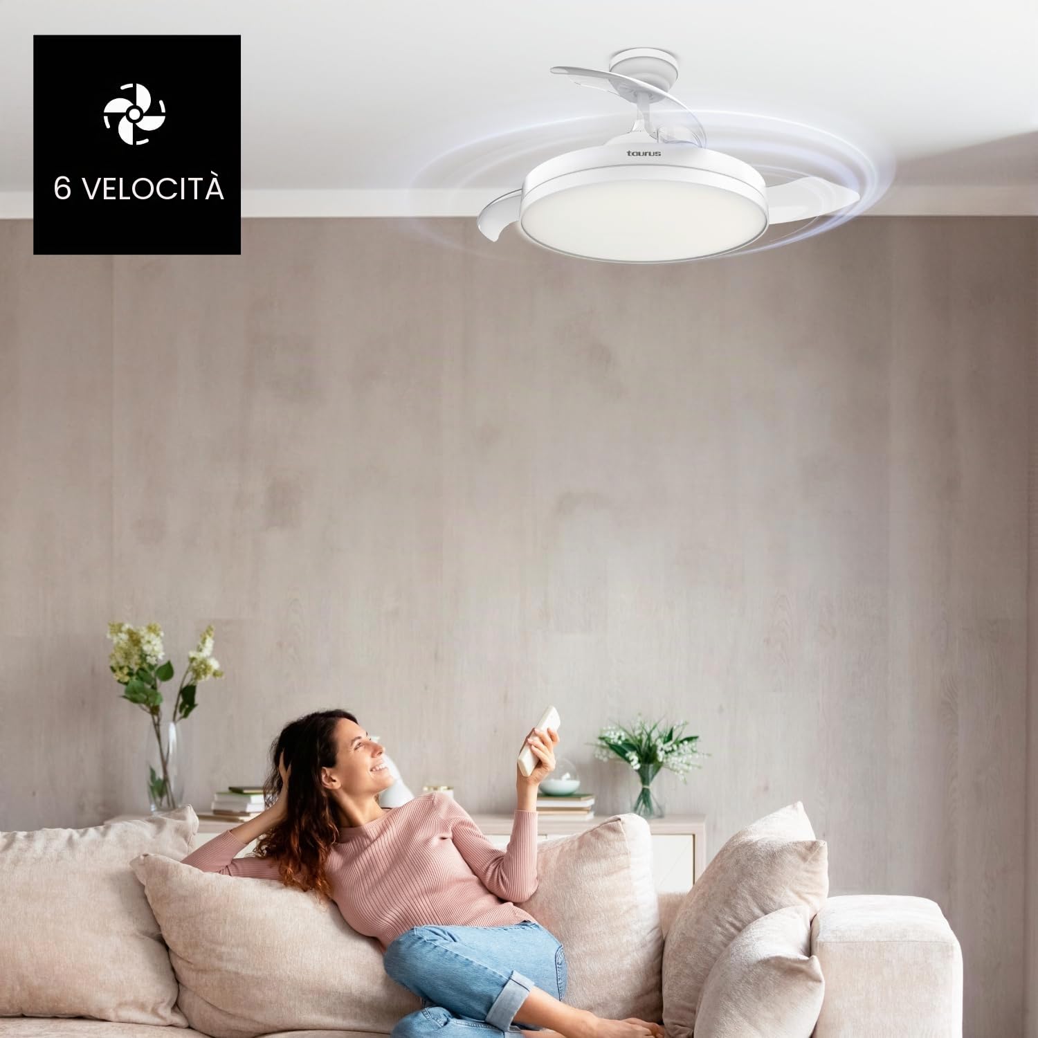 Taurus – Ventilatore da Soffitto con Luce Fresko Hide&Go | 3 Pale | Ultra silenzioso | Timer 8h | 6 Velocità | Telecomando | Programmazione | Motore DC | Bianco