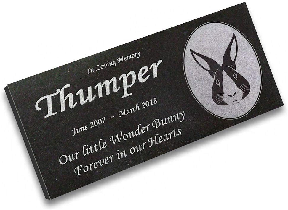 Indoor Outdoor Rabbit Memorial – Laser Engraved Pet Memorial Stone – Black Granite Stone – Rabbit – Bunny Headstone – 6 x 12 x 3/8 Inch – Thumper