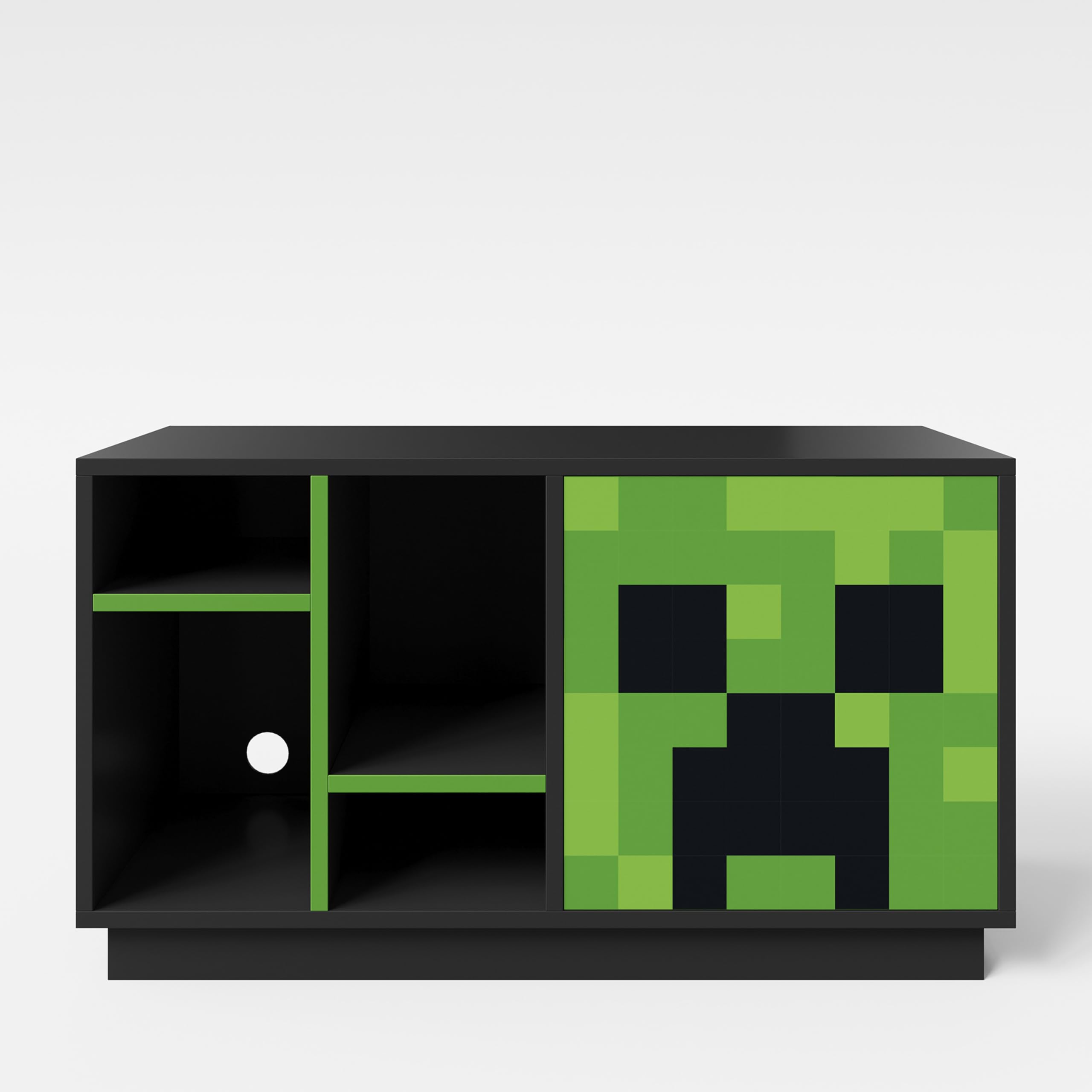 Minecraft Meuble TV avec éclairage LED – Lowboard Gamer avec Porte vitrée Creeper, 3 étagères Ouvertes, 1 Niche Console et Passe-câbles – 108x61x37cm, Noir