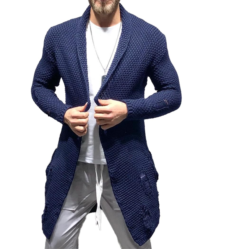 Wekumgy Mens Cable Knit Long Cardigan Sweater Buttons Shawl Collar Casual Warm Winter Coat Button Down Sweaters Blue