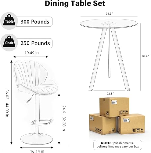 Miniatura 2 de Moderno juego de mesa redonda de bar para 2, mesa de bar de cristal de 37.4 pulgadas con taburetes de bar ajustables, juego de mesa de comedor