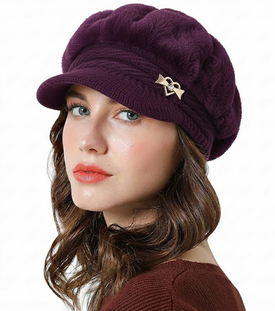 NICSY Women and Girl's Winter Visor Hat Beret for Women Knit Beanie Cabbie Stylish Winter Visor Cap Faux Fur Warm Skullcap