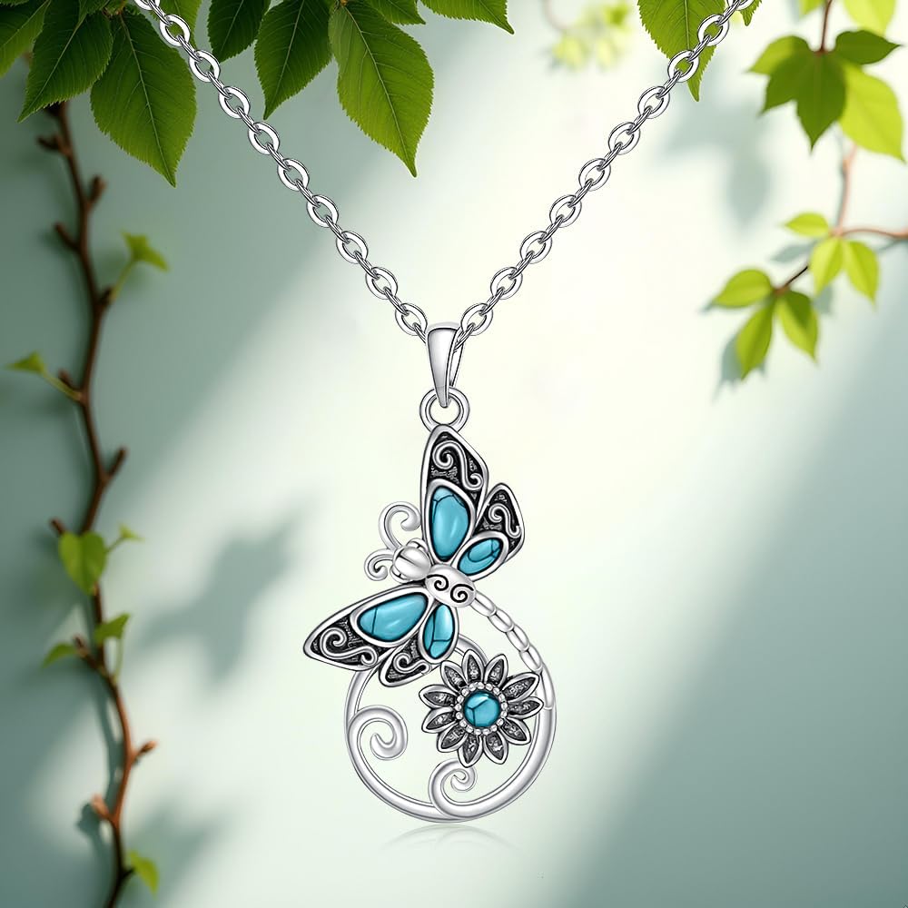 Sterling Silver Dragonfly Necklace for Women Turquoise Daisy Dragonfly Necklaces Pendant Jewelry Mothers Day Christmas Gifts - Image 2