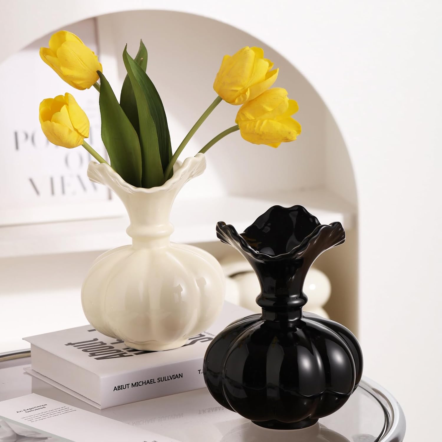 Black White Cream 8in Ceramic Flower Boho Decor Pumkin Vase Aesthetic Beige Table Tulip Pampas Vase Rose Filler Decorative Rustic Decor for Home (Black VASE)