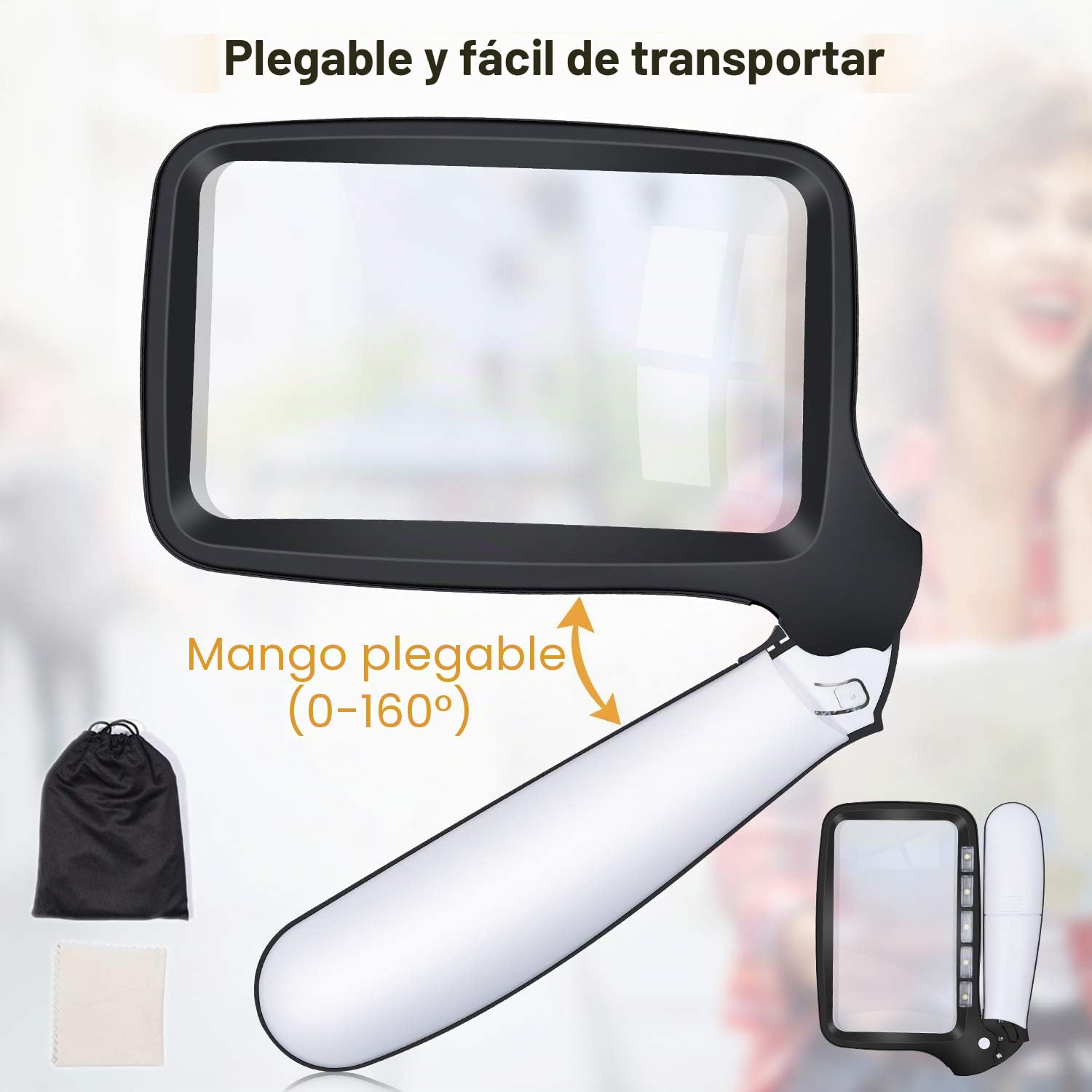 Kaome Lupa rectangular con lupa de luz, grande, plegable, de mano, 5 LED, 2 modos de atenuación, 2 modos de lectura para personas mayores, libros de baja visión, periódicos y mapas de joyería