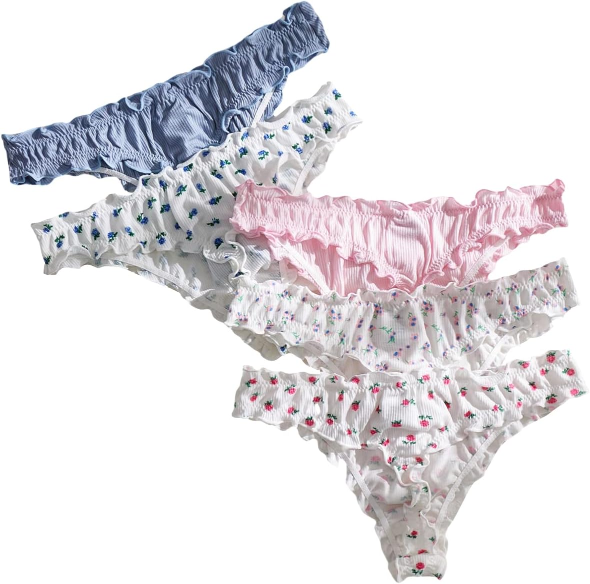 COZYEASEWomen's 5 Piece Sets Floral Print Lettuce Trim Low Rise Panty Cute Underwear